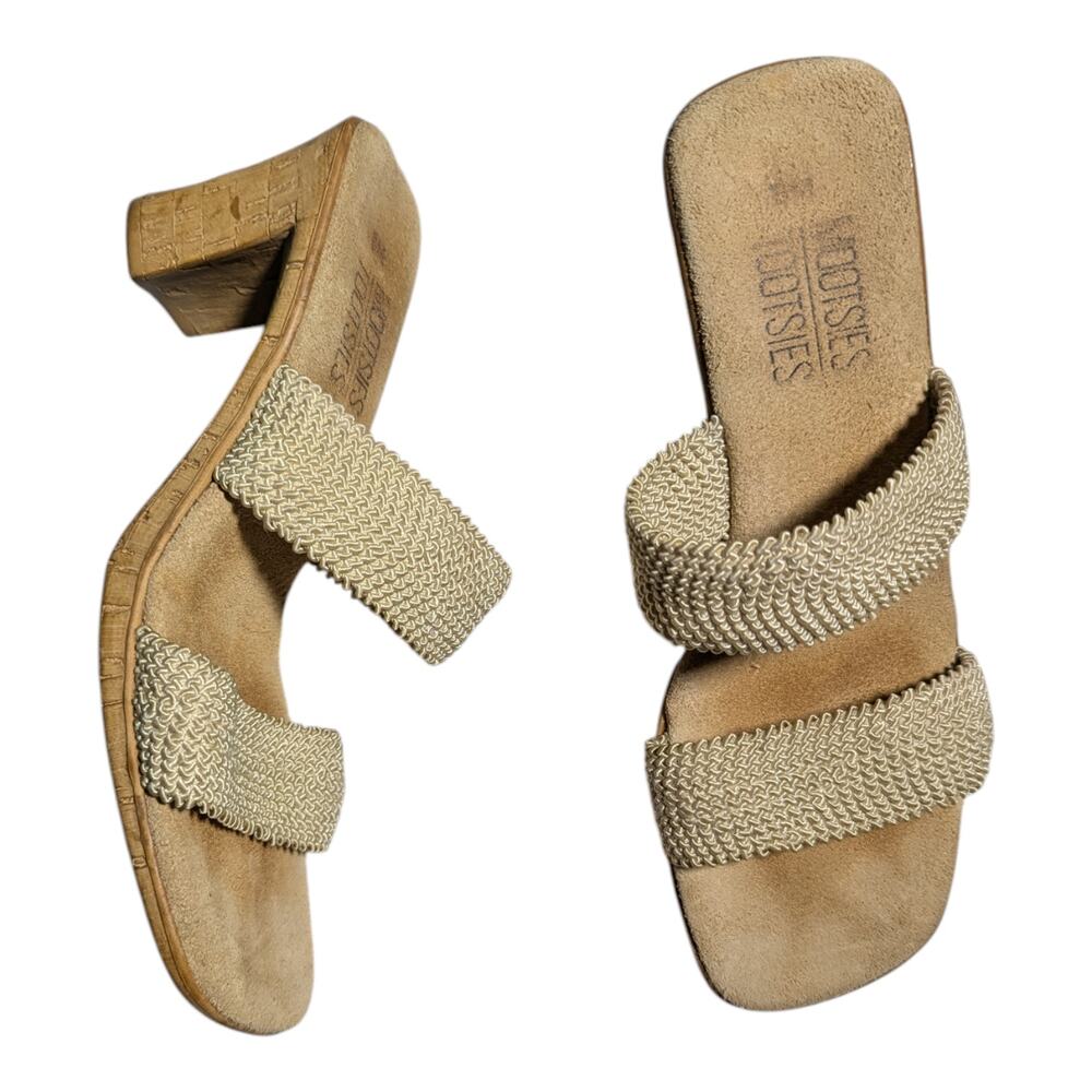 Vtg 1990s Mootsies Tootsies Beige Double Strap Cork Heel Slide Sandals Sz 8